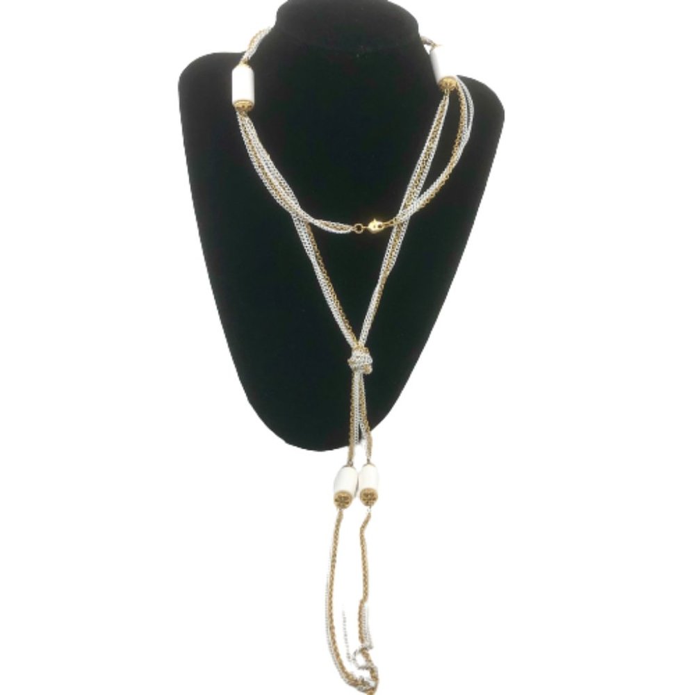 VINTAGE 80s MONET Long Multi-Strand Gold & White Knotted Pendant Necklace